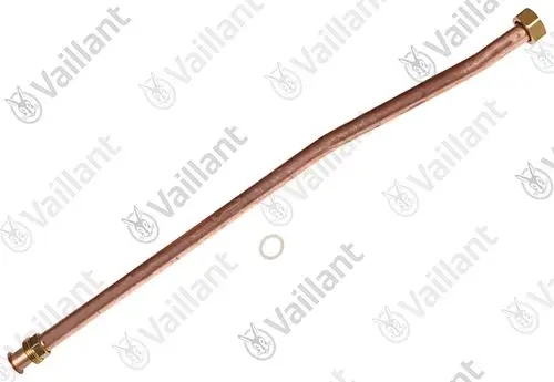 Kupferrohr von Vaillant mit zwei Befestigungsmuttern und Dichtung, geeignet für Heizungs- oder Warmwasserinstallationen.